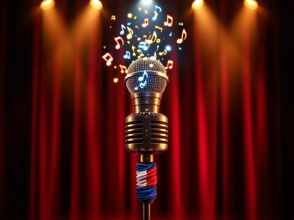 Karaoke microfoon met Franse driekleur op handvat onder spotlights, muzieknoten zweven omhoog tegen bordeaux gordijn