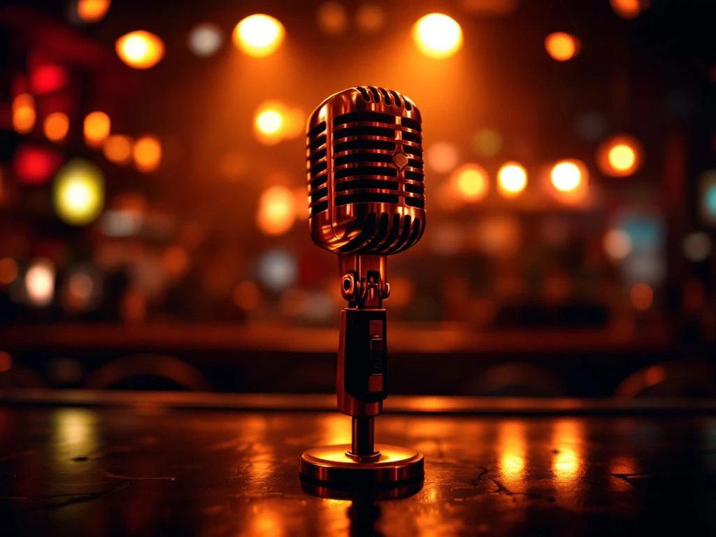 Karaoke microfoon in voorgrond van Amsterdamse bar met warme verlichting en bokeh achtergrond