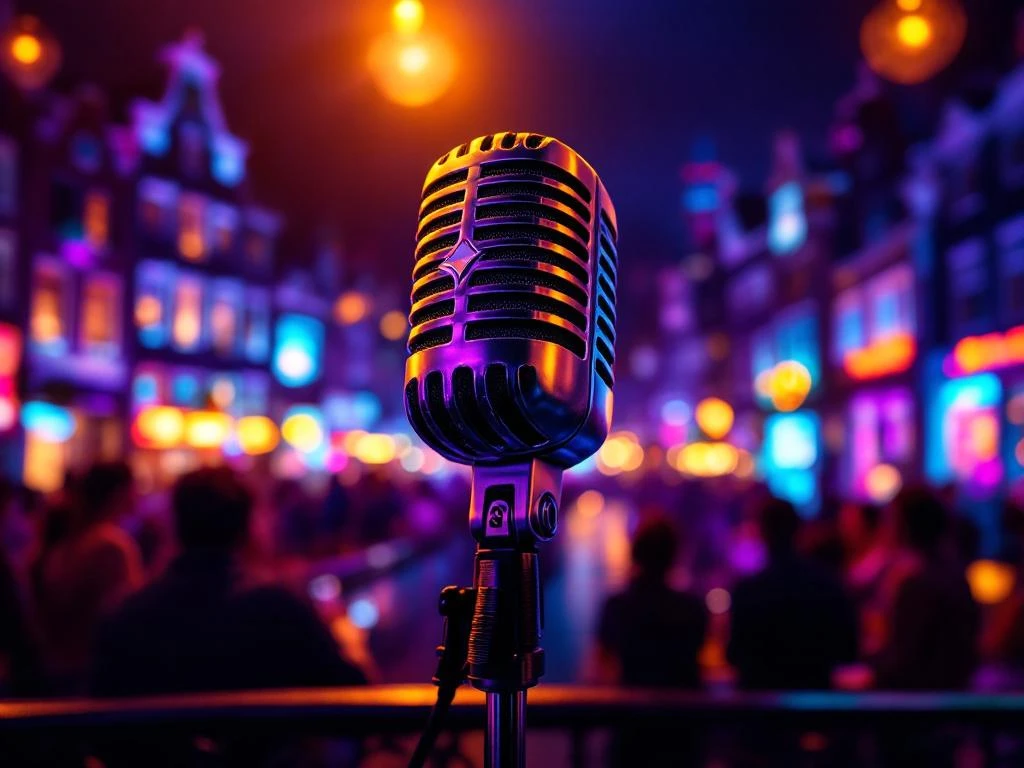 Karaoke microfoon met dramatische verlichting voor Amsterdamse grachtenhuizen en kleurrijk nachtleven
