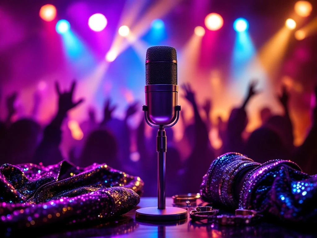 Glanzende microfoon op karaoke podium met kleurrijke lichten, glitterjurken en silhouetten van publiek met opgestoken handen