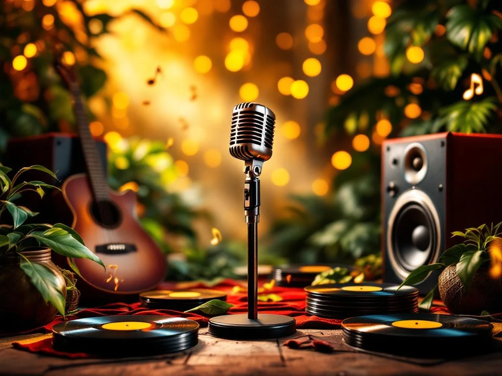 Reggae karaoke-opstelling met microfoon, Jamaicaanse kleuren, vinylplaten, gitaar en tropische planten in warme sfeer