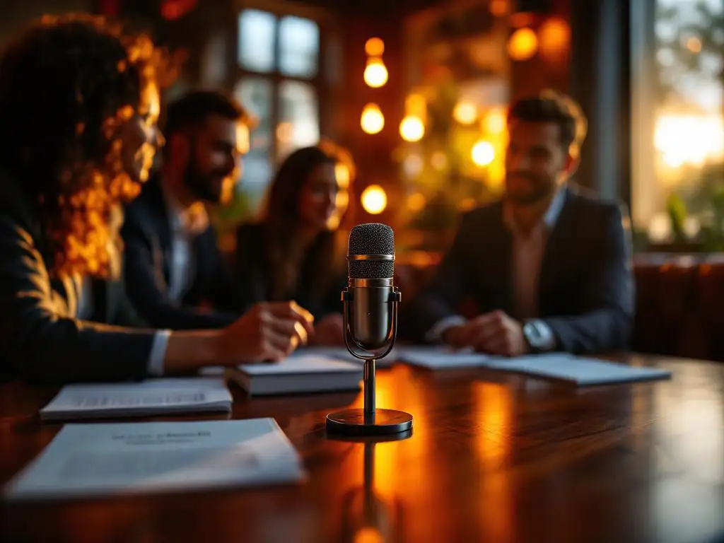 Zakelijke collega's rond karaoke microfoon op houten tafel met Nederlandse liedteksten in warm verlicht Amsterdam café